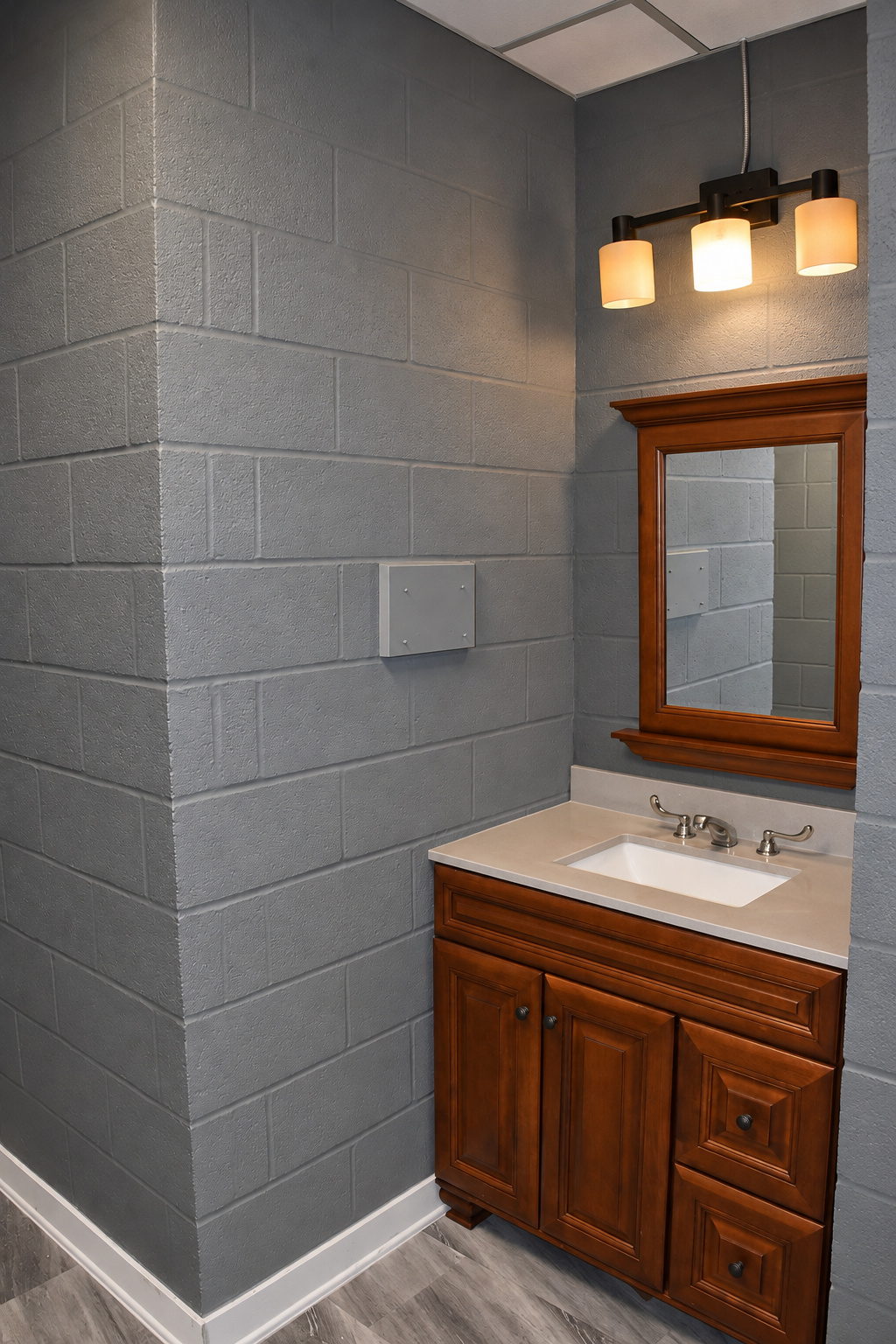 Restroom detail with gray block walls, brown wood vanity and mirror, clean white countertop and three-shade light above the mirror