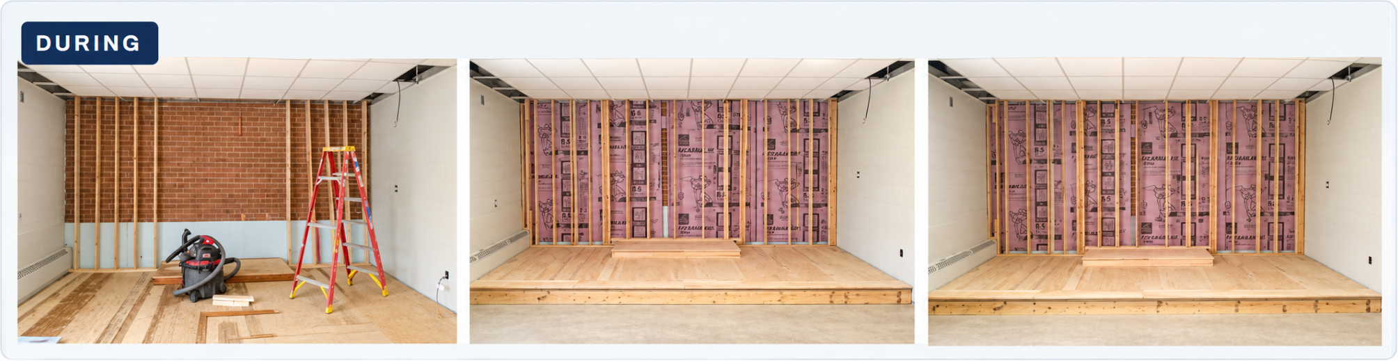 Stage and wall construction progress, showing framing, insulation and platform work