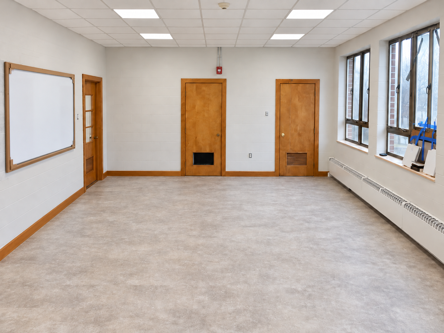 Reverse chapel-room view during interior finish work