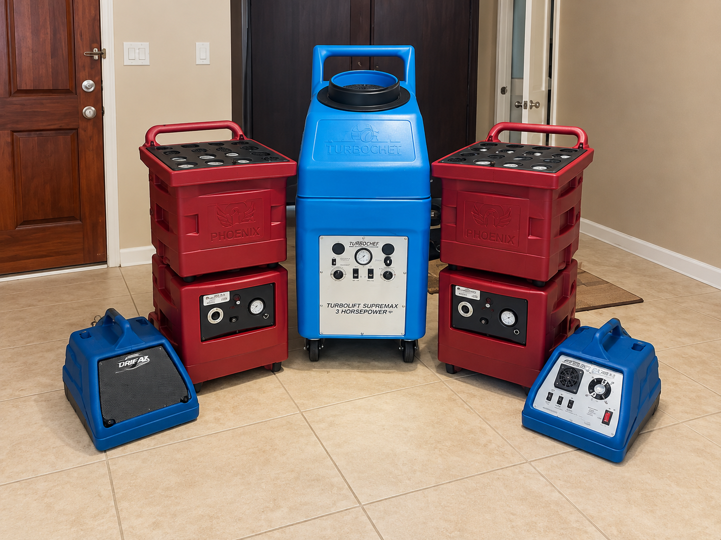 Digitally retouched display of red and blue restoration equipment arranged on a tiled floor.
