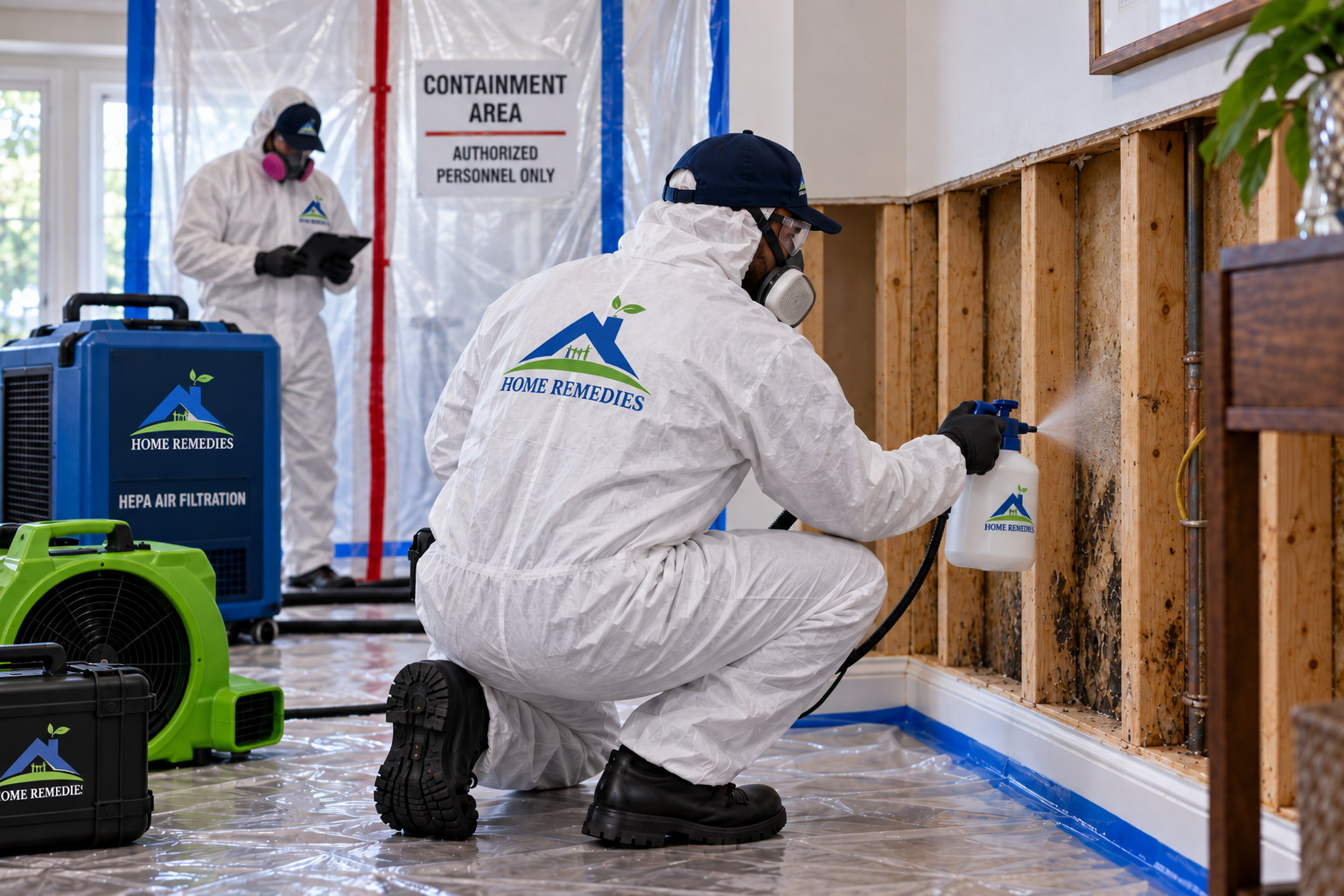 Home Remedies technician in a white Tyvek suit with the Home Remedies logo on the back, black gloves, clear eye protection, a respirator and black boots, kneeling and applying treatment with a handheld sprayer to an open wall of exposed studs showing mold staining; a second Home Remedies technician in Tyvek works behind blue-taped plastic containment marked CONTAINMENT AREA / AUTHORIZED PERSONNEL ONLY, beside a blue HEPA air-filtration unit and a green air mover on protected floor sheeting
