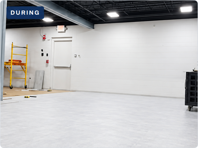 Lighter flooring extending across the daycare room with work equipment in place