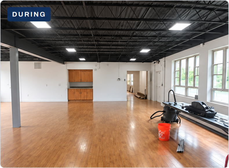 Later-stage daycare ceiling and wall progress with brown flooring still visible