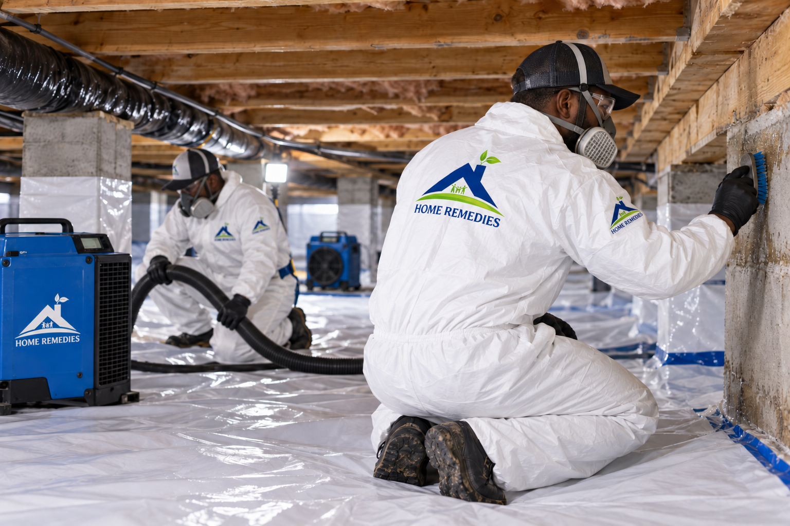 Two Home Remedies technicians in white Tyvek suits, respirators and clear eye protection cleaning a crawl space — one scrubbing a concrete foundation pier, the other holding a black vacuum hose — with blue HEPA negative-air equipment on a taped vapor barrier beneath exposed floor joists
