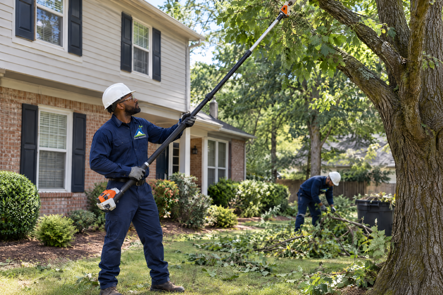 Two tree service technicians in navy Home Remedies uniforms and white hard hats pruning a large tree beside a brick home — the nearest worker trimming high branches with a pole saw, the second gathering cut limbs near a debris bin in the background