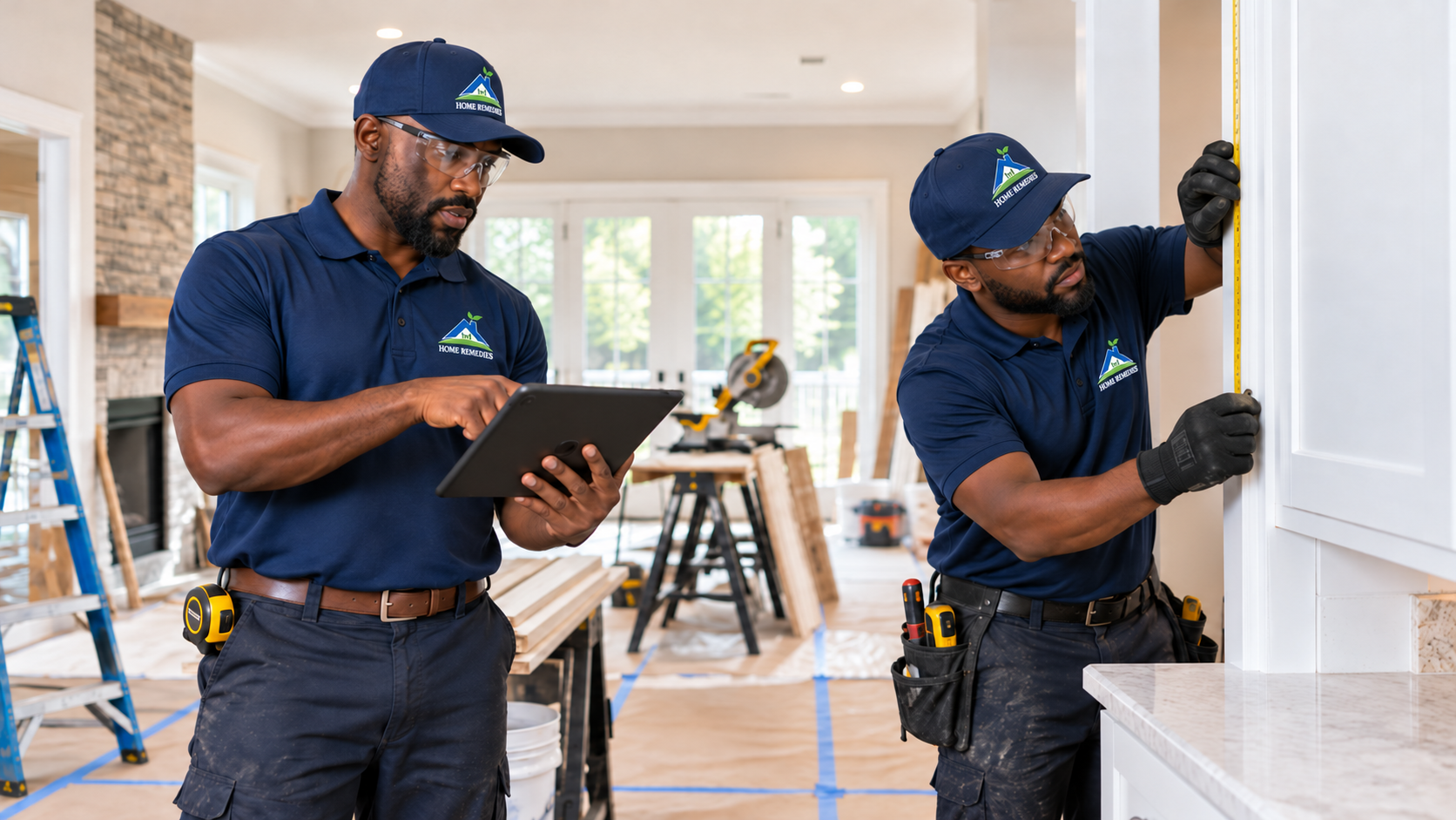 Illustration of two Home Remedies technicians planning and measuring an interior renovation.