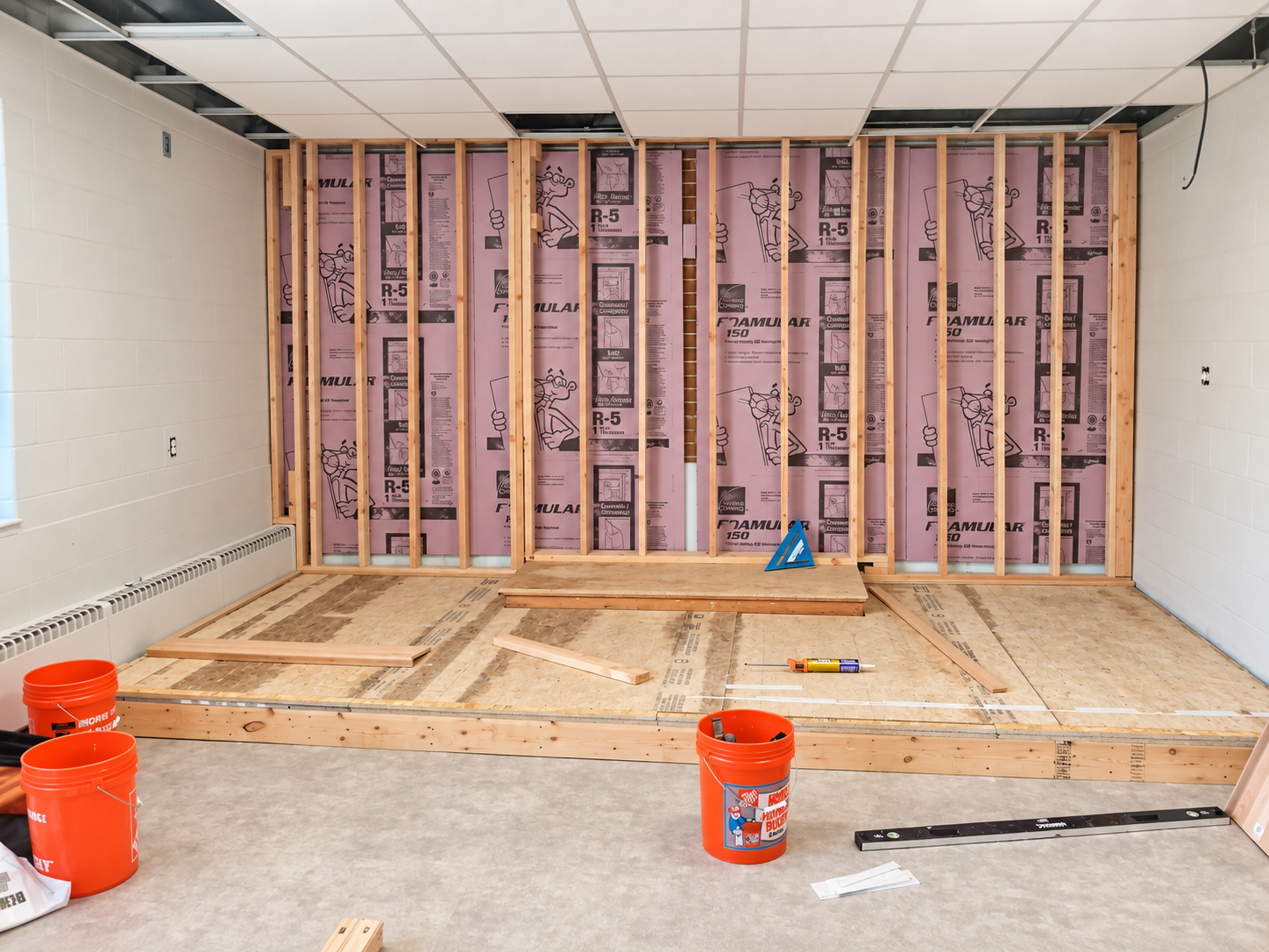 Insulated wall framing and unfinished stage platform during construction