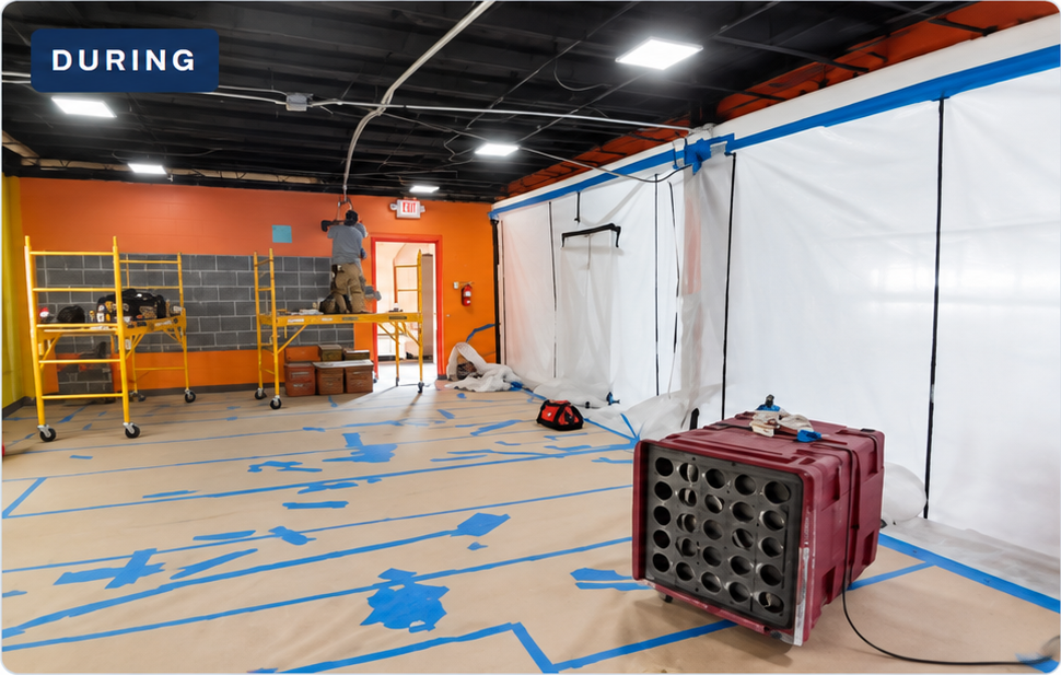 Protected daycare work area with containment sheeting and equipment during LED light installation