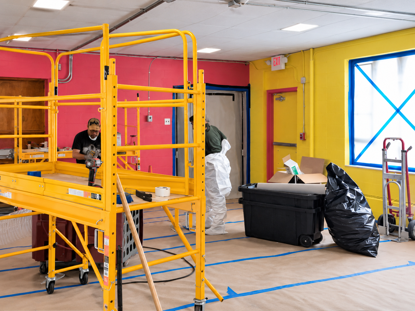 Digitally retouched presentation of daycare renovation with scaffolding and floor protection.