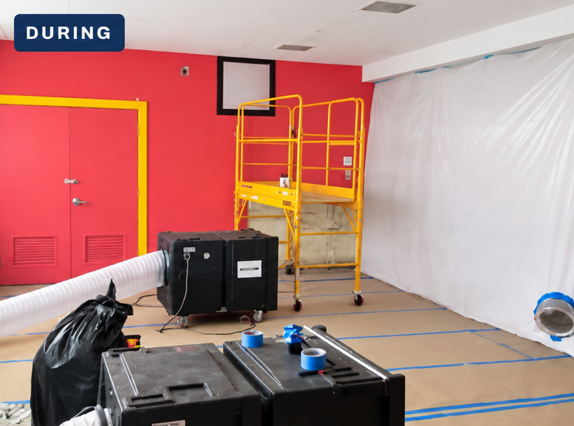 Daycare work area with containment sheeting, protected flooring and staged equipment