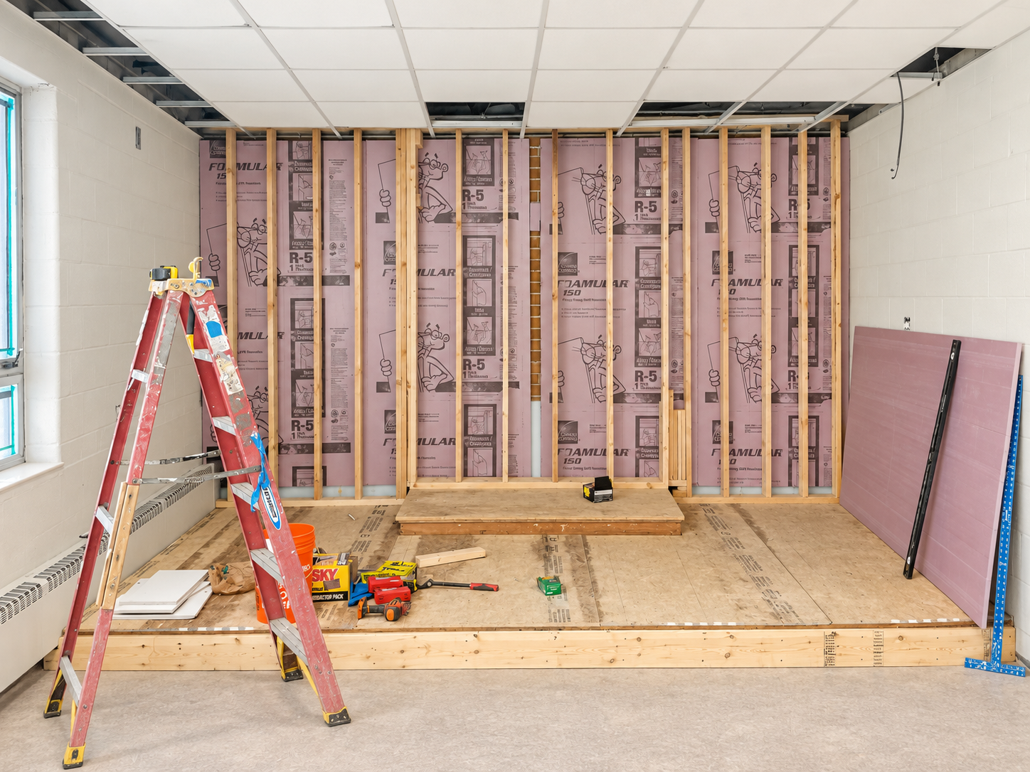 Wall framing and rigid insulation installation behind the stage