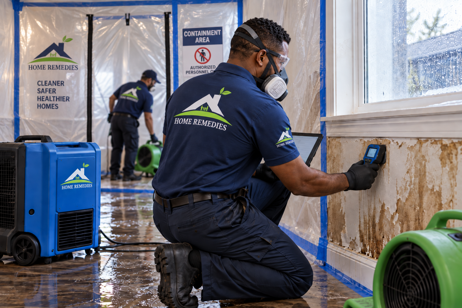 Home Remedies technician in a navy uniform branded on the back and sleeve, black gloves, clear safety glasses and a half-mask respirator, taking a moisture-meter reading on a storm-damaged wall while holding a tablet; a second Home Remedies technician works inside blue-taped plastic containment marked CONTAINMENT AREA / AUTHORIZED PERSONNEL ONLY, with blue dehumidification equipment and green air movers on a wet reflective floor