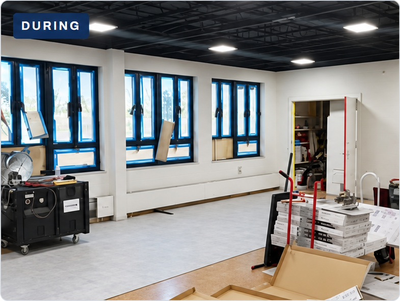 Lighter flooring being installed along the daycare room windows