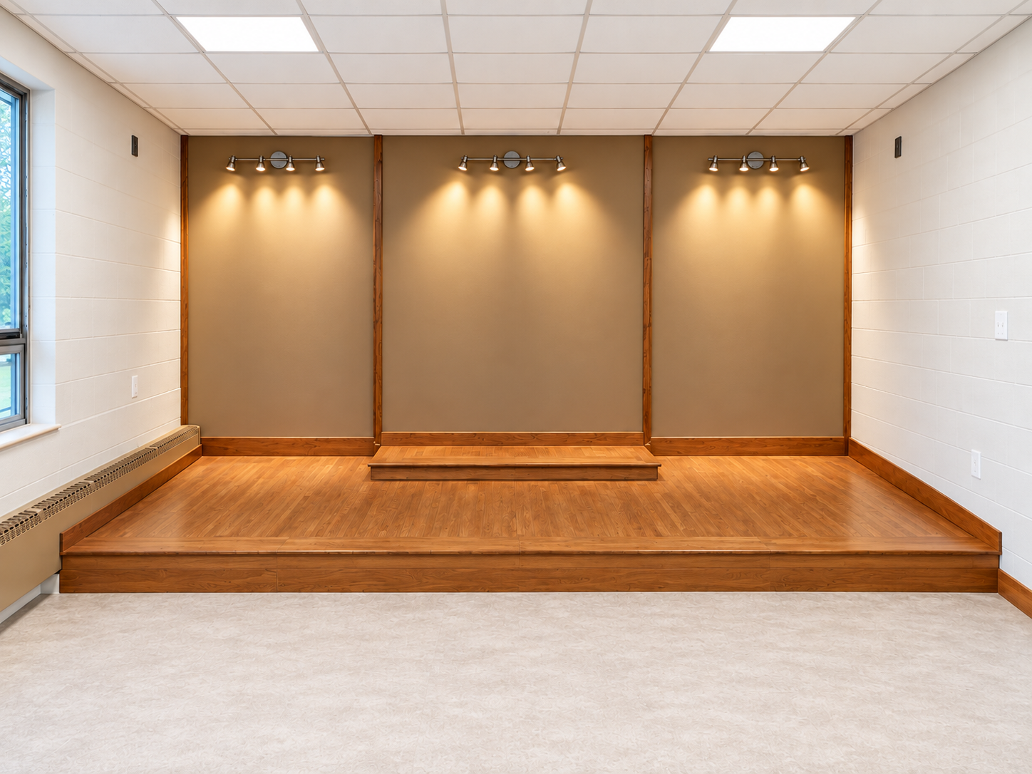 Completed chapel stage with brown accent walls, wood flooring and wall lighting