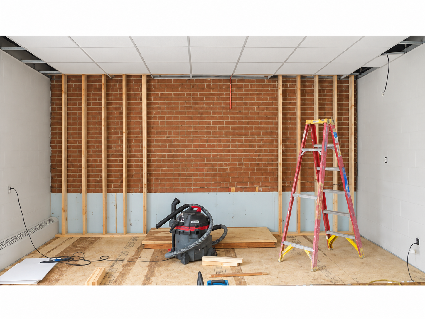 Wall framing in progress in front of the exposed brick backdrop