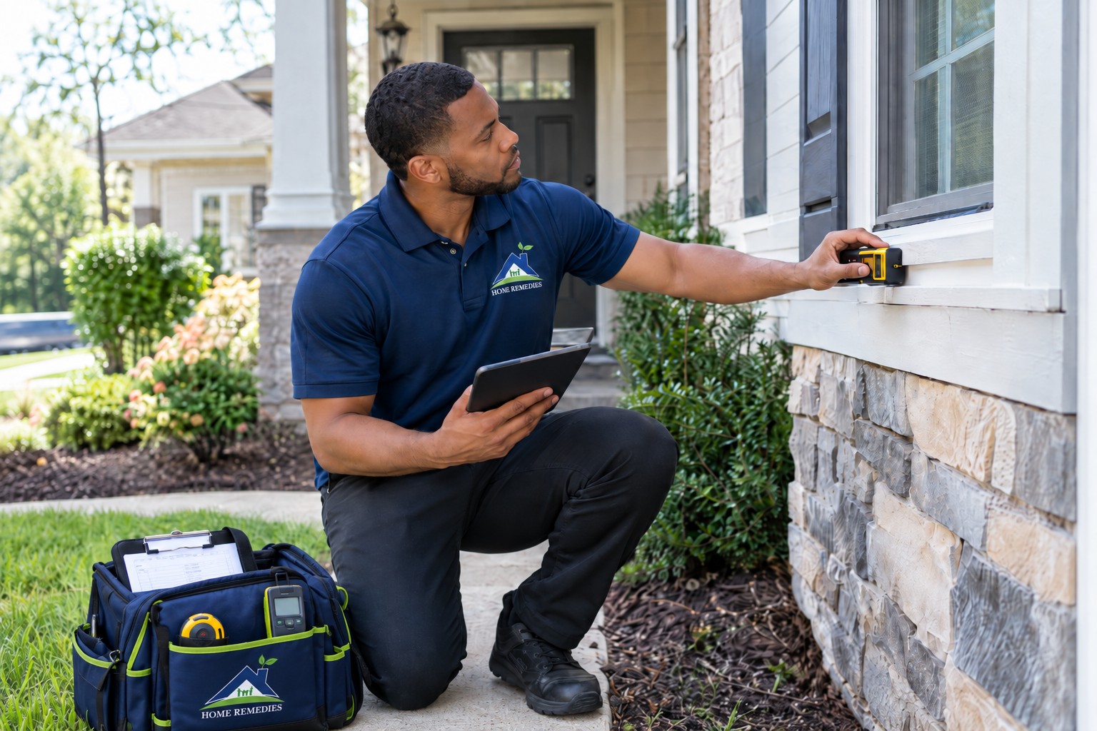 A Home Remedies property evaluator in a navy polo branded HOME REMEDIES kneeling at the exterior of a light-sided home, holding a tablet while placing a yellow measuring device against a window frame, with a blue and lime Home Remedies work bag on the ground beside him