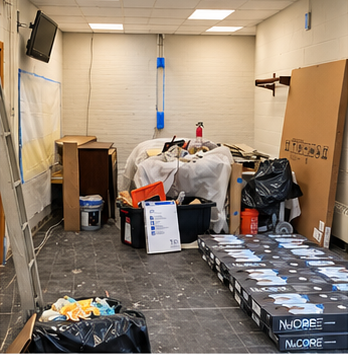 Room preparation with protected furnishings, boxed flooring and work materials staged on the existing floor