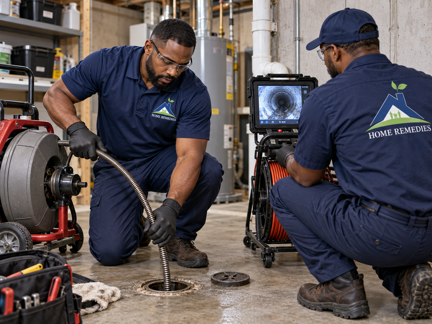 Illustrative image of two technicians in navy Home Remedies uniforms using a drain-cleaning machine and camera-inspection monitor in a basement utility area.