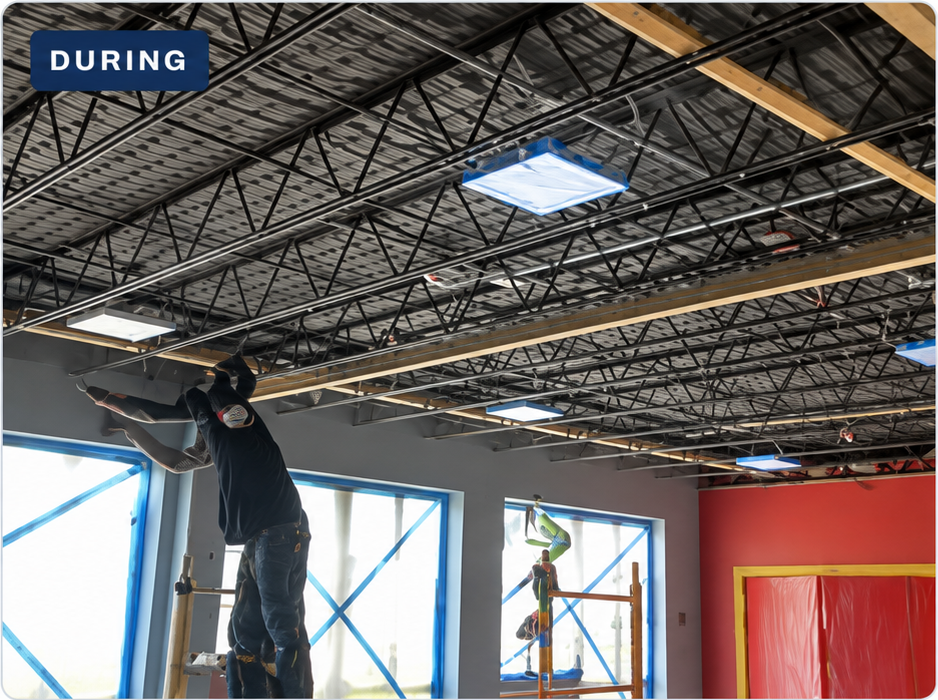 Close view of exposed overhead structure during daycare ceiling work