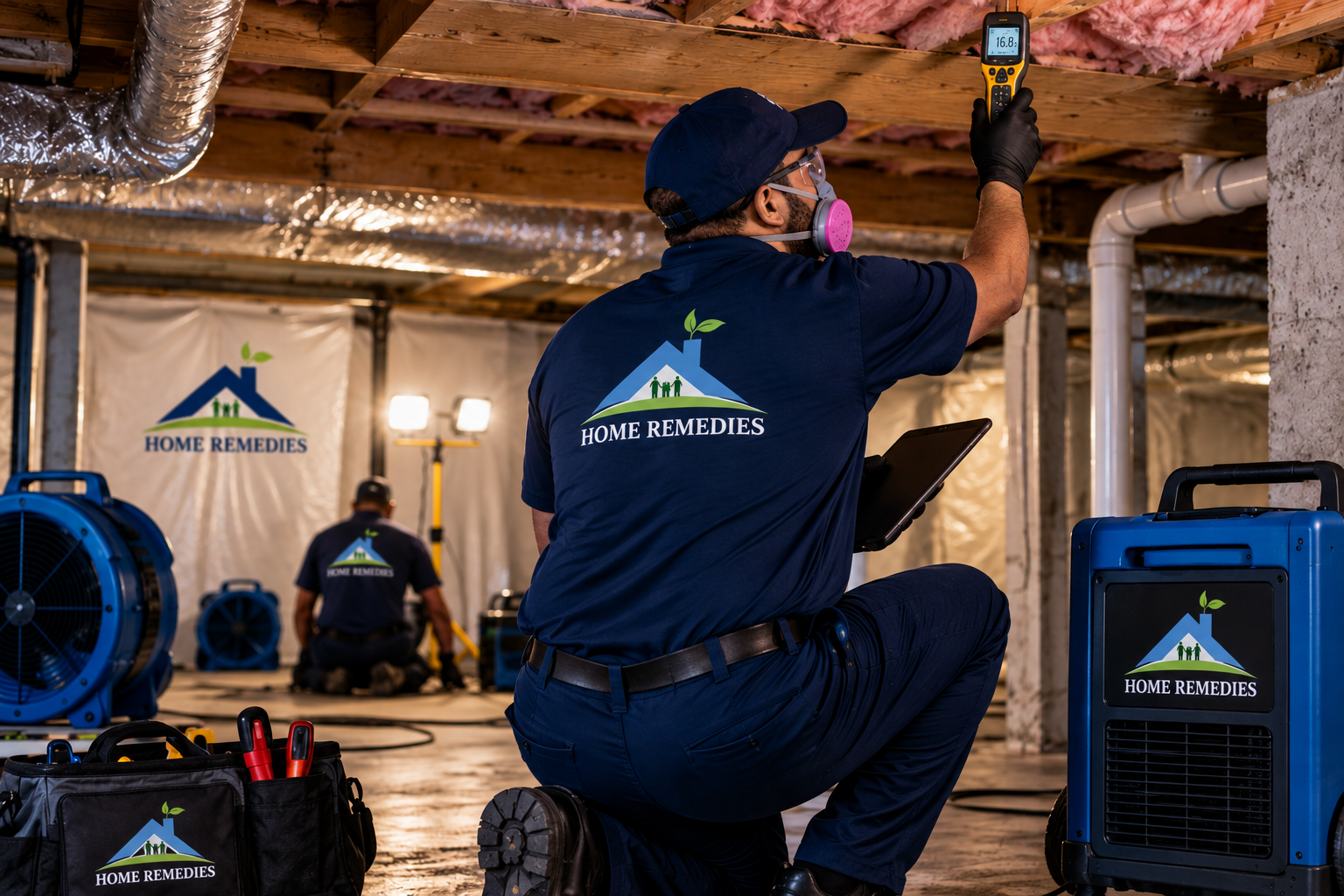 Two Black Home Remedies technicians in navy uniforms branded HOME REMEDIES on the back — the foreground technician kneeling with his back to the camera, navy cap, clear safety glasses, black gloves and a half-mask respirator with pink filters, taking a moisture-meter reading against an exposed ceiling joist while holding a tablet in his other hand, the second technician kneeling and working behind near a tripod work light; pink insulation between the exposed joists, silver flexible ducting and a white PVC pipe overhead, white vapor barrier lining the walls, a blue Home Remedies dehumidifier at the right, blue Home Remedies air movers and a black Home Remedies tool bag on the concrete floor