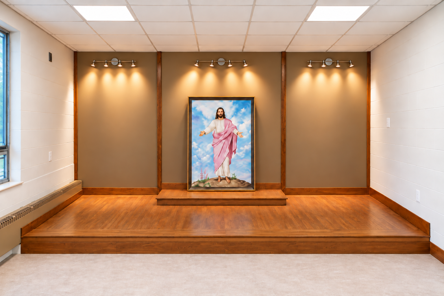 Completed chapel stage with framed artwork centered on the raised platform