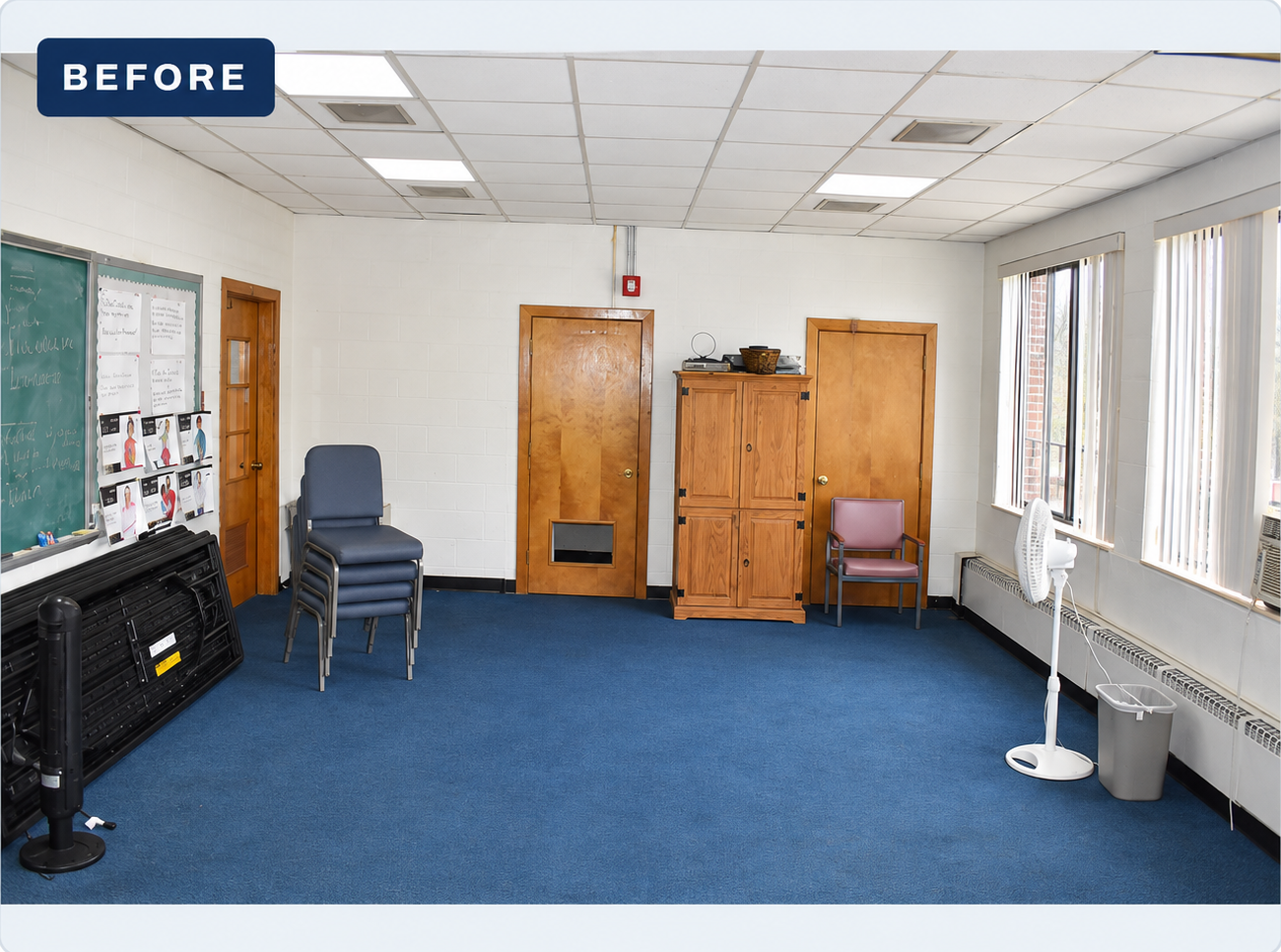 Opposite chapel-room view before renovation, showing the existing flooring, storage and windows