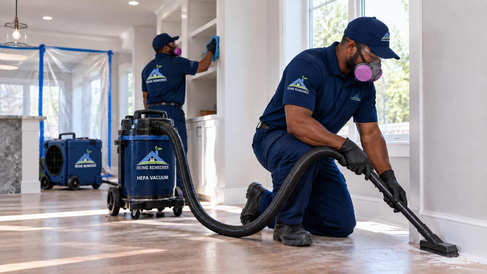 Home Remedies technicians in navy uniforms branded on the chest and cap, black gloves, clear safety glasses and respirators, one kneeling and HEPA-vacuuming a baseboard beside a blue HEPA VACUUM canister while the second wipes down white built-in shelving with a blue cloth, with a blue air-filtration machine and a plastic-and-blue-tape sealed doorway in a clean finished interior