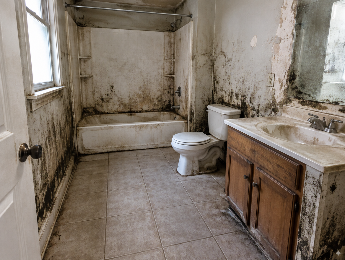 Reference photo of severe bathroom moisture and surface growth