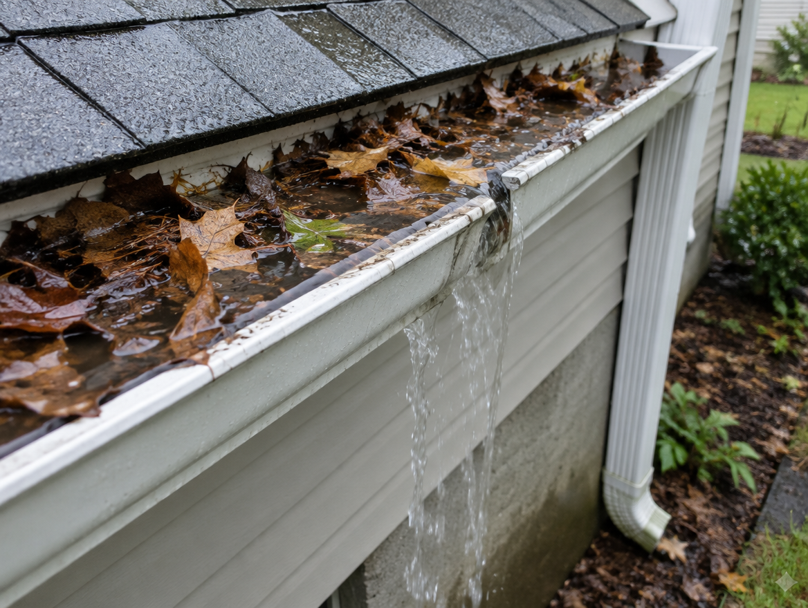 Reference photo of a clogged gutter holding standing water