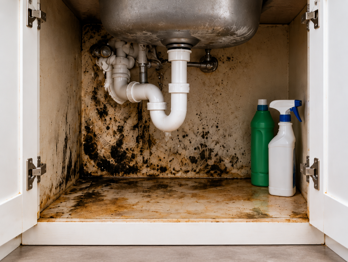 Reference photo of microbial growth in an under-sink cabinet
