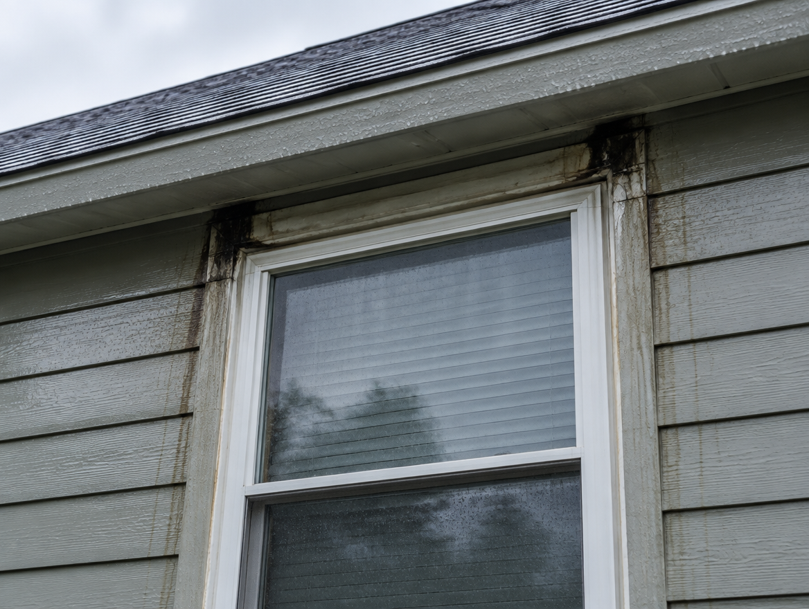 Illustrative reference photo of water entry around an upper-story window located just below the roof line